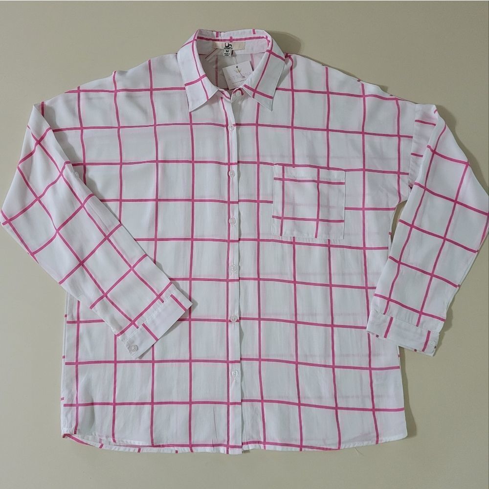 Ya Los Angeles Women's Long Sleeve Pink and White Button-Down Shirt